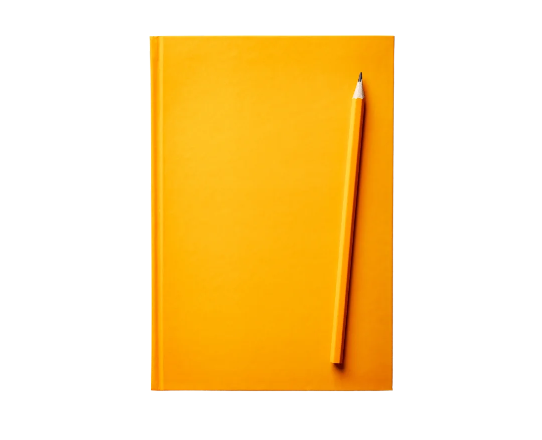 Un cuaderno amarillo con un lápiz encima