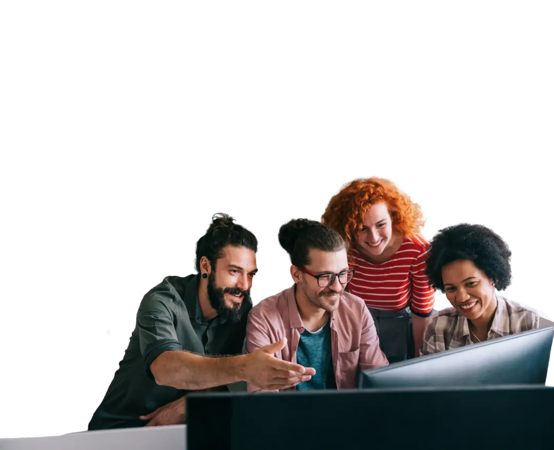 Un grupo de personas sentadas alrededor de un ordenador.